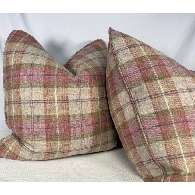 Transitional Wool Plaid in Pink/Green/Oatmeal 22" Pillows-a Pair For Sale - Image 3 of 3