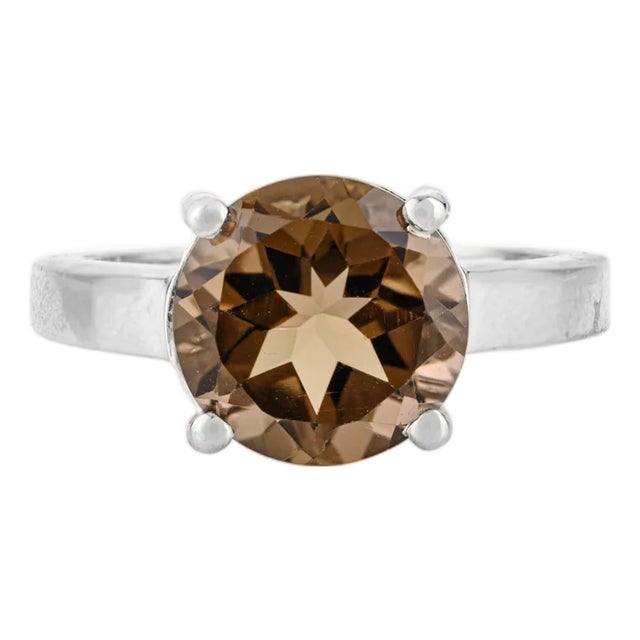 Vintage-Inspied Prong Set 10 Mm Round Smoky Quartz Promise Ring in Sterling Silver - Size 7 For Sale