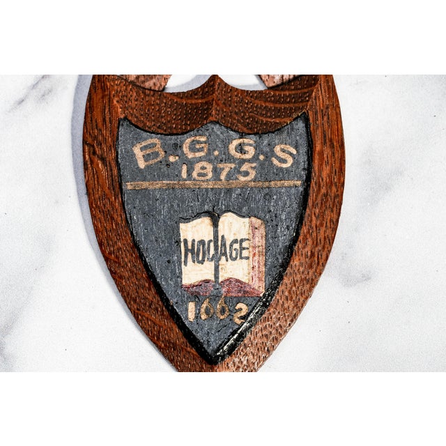 Charming English Miniature Antique Edwardian Hand Painted Carved Wood School Shield Plaque Preppy Academic Home Decor For Sale - Image 4 of 9
