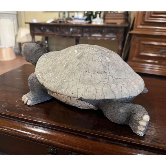 Vintage French Carved Ceramic Two-Tone Crackled Turtle Sculpture Raku Method For Sale In Dallas - Image 6 of 9