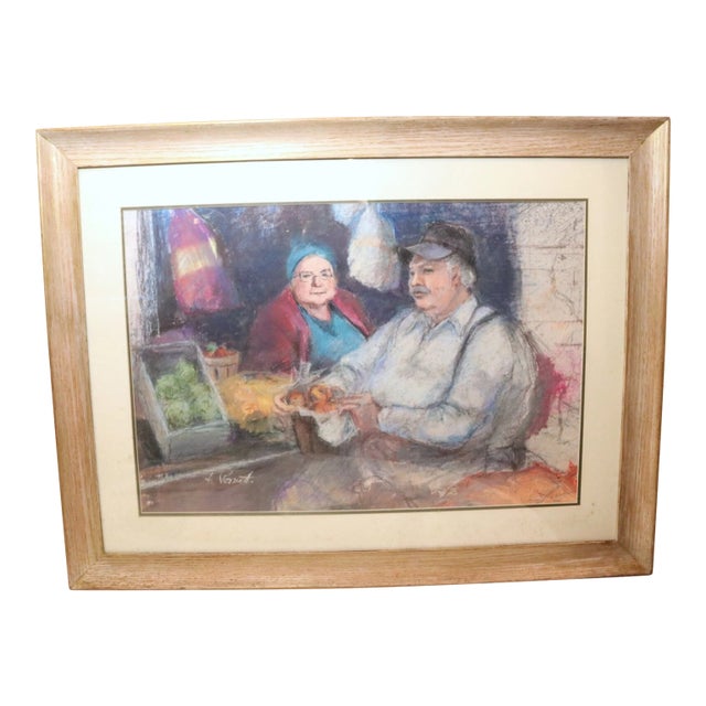 Large Vintage Original F. Perrutti Fruit Market Realism Pastel Drawing For Sale