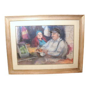 Large Vintage Original F. Perrutti Fruit Market Realism Pastel Drawing
