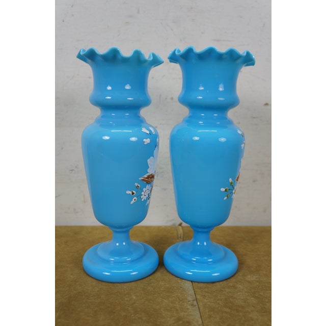 2 Antique Bristol Blue Turquoise Opaline Ruffled Clambroth Mantel Vases Urns 11" For Sale - Image 13 of 13