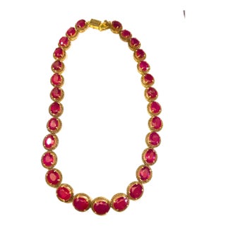 Bochic “Capri” Vintage Ruby & Diamond Necklace & Earring Set 18K Gold & Silver For Sale