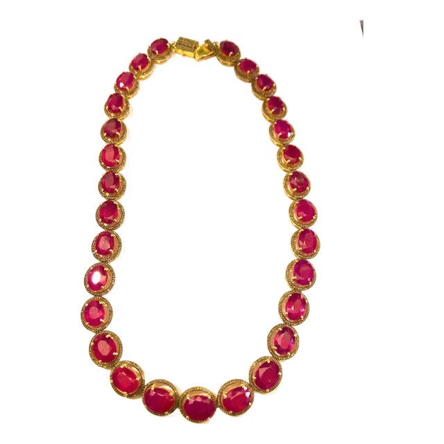 Bochic “Capri” Vintage Ruby & Diamond Necklace & Earring Set 18K Gold & Silver For Sale