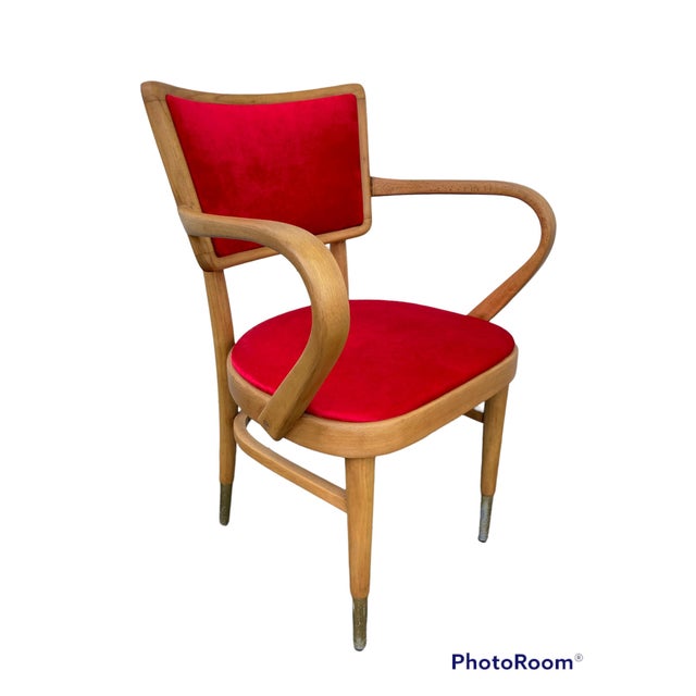 Chic Mid-Century vintage bentwood armchair, newly upholstered. The curved arms, tapered legs. And brass-capped feet...