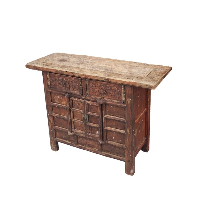 Chinese Double Top Drawer Carved Elm Sideboard For Sale - Image 3 of 5