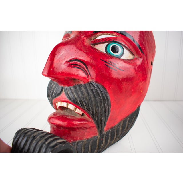 Large Vintage Hand Carved Red Diablo Costume Mask With Beard & Blue Feathers For Sale - Image 16 of 18