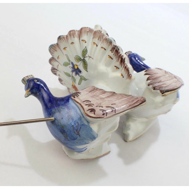 Antique Figural French Faience Pottery Peacocks Double Salt Cellar For Sale - Image 11 of 13