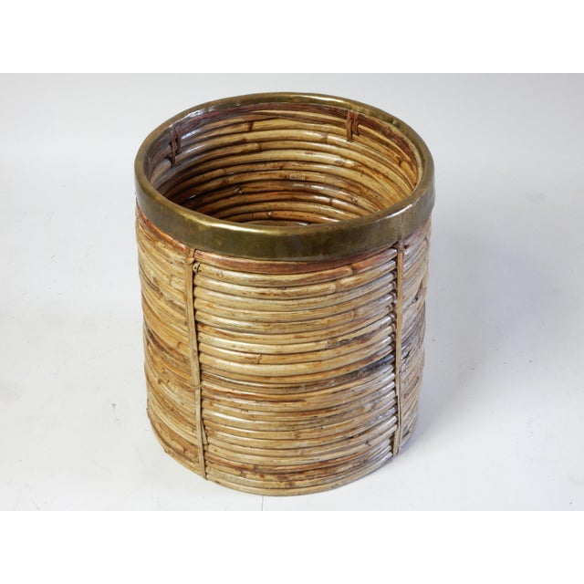 1960s 1960's Italian Sculpted Pencil Reed Rattan Planter With Hammered Brass Trim For Sale - Image 5 of 5