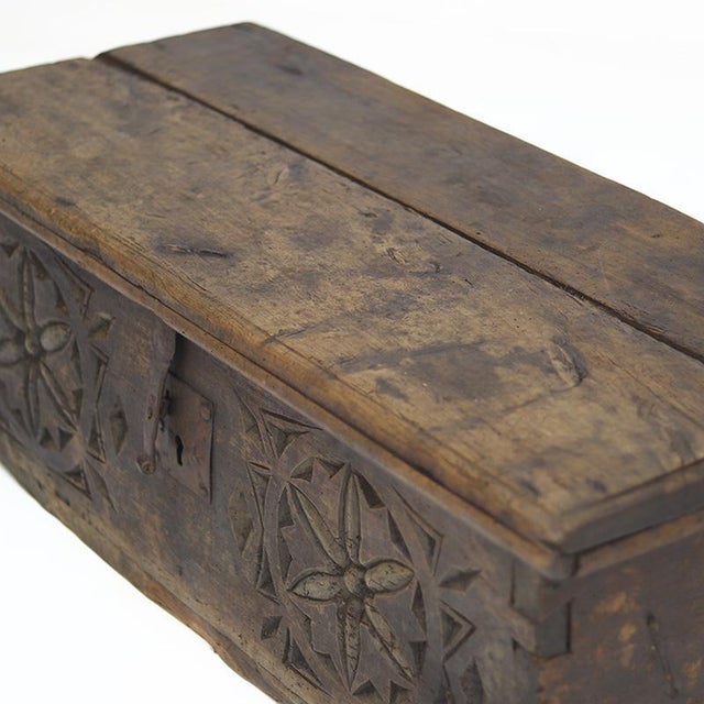 Antique Rustic Folk Art Spanish Carved Chest For Sale - Image 6 of 12