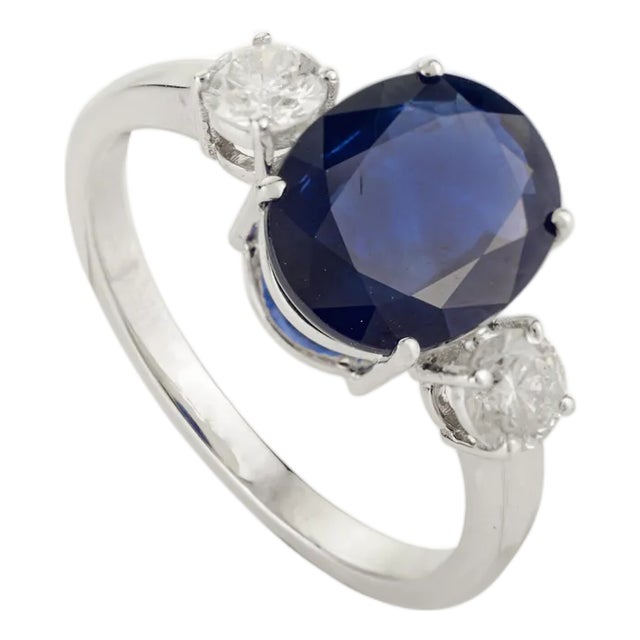 14k Gold Diamond and Sapphire 3-Stone Engagement Ring Size 6.5 For Sale