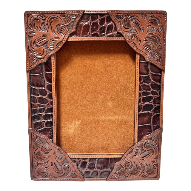 1970s Southwestern Tooled Leather Picture Frame With Croc Embossed Accents For Sale
