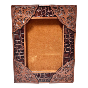 1970s Southwestern Tooled Leather Picture Frame With Croc Embossed Accents