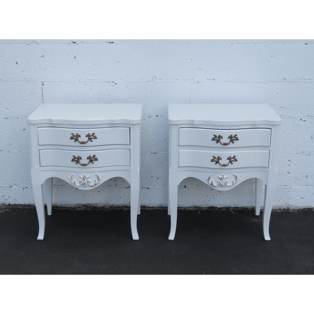Wood French Carved Painted White Nightstands Bedside Tables a Pair 6445 For Sale - Image 7 of 17