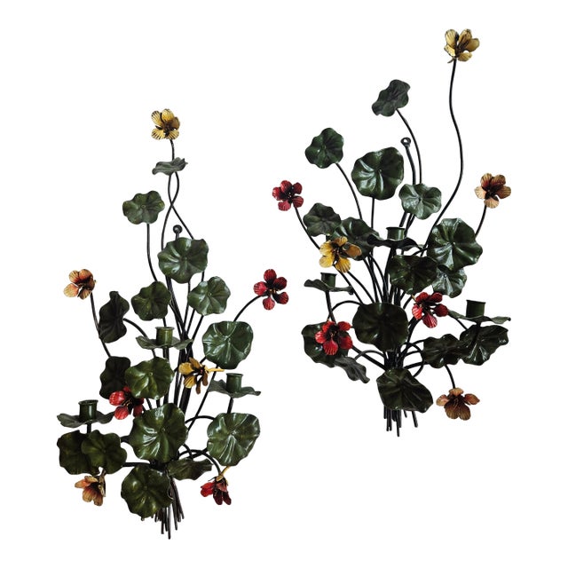 Wonderful 50s Tole 3 Candle Wall Sconces With Nastirtium Flowers and Leaves - A Pair For Sale
