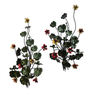 Wonderful 50s Tole 3 Candle Wall Sconces With Nastirtium Flowers and Leaves - A Pair