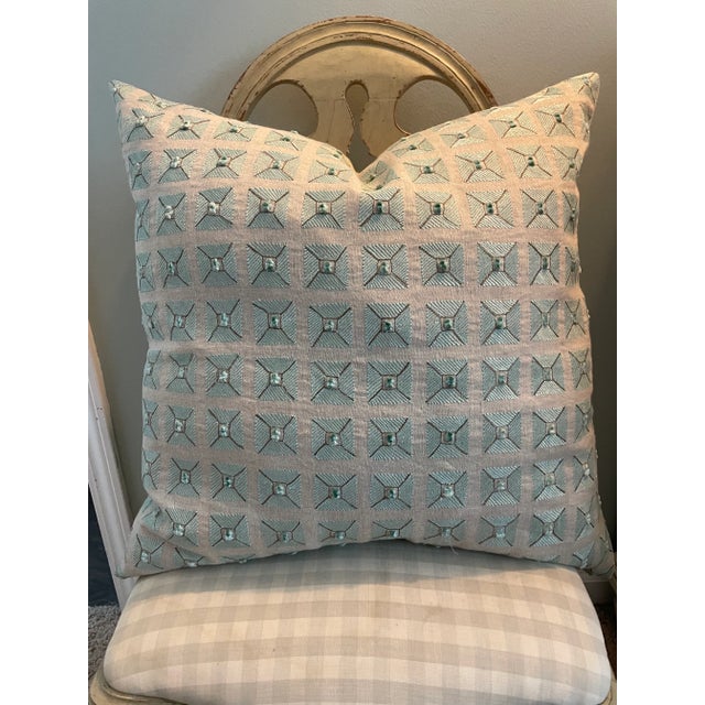 Brunschwig & Fils Brunschwig & Fils Embroidered Down and Feather Pillow With Velvet and Linen For Sale - Image 4 of 7