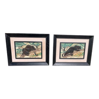 1950s Pair of Vintage Panther Relief Paintings by c.l.e. Pearson – Framed Copper Artworks For Sale
