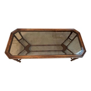 1970s Vintage Solid Wood and Glass Bamboo Inspired Coffee Table For Sale