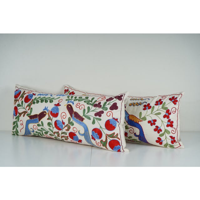 Mid-Century Modern Hand Embroidered Suzani Lumbar Pillow Covers – A Pair For Sale - Image 3 of 5