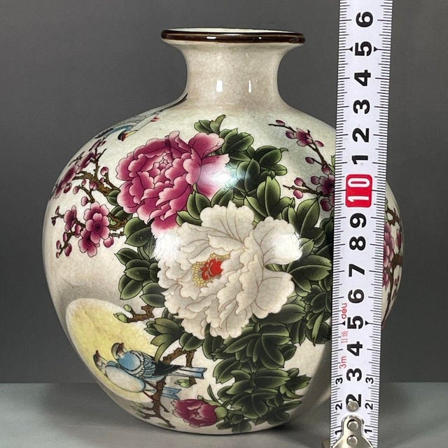 Ceramic Vintage Chinese Crackle Glaze Famille Rose "Peonies & Birds" Vase With Poem For Sale - Image 7 of 9