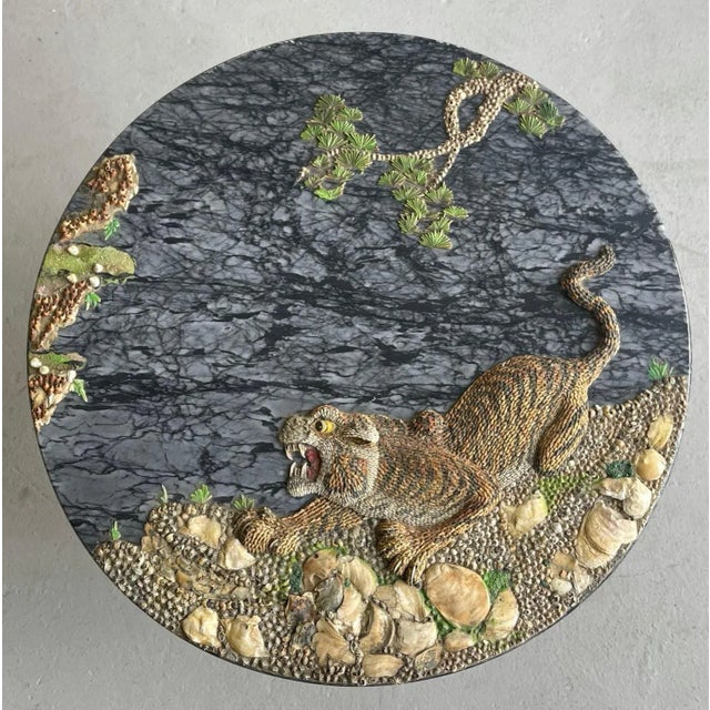 Early 21st Century Ornate Grotto Shell Tiger Motif Round Marble Coffee Table With Iron Base For Sale - Image 5 of 7