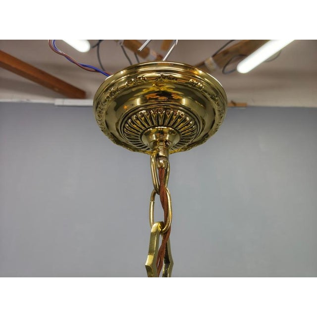 Gold Art Deco Brass and Opaline Glass Chandelier, Czechoslovakia, 1930s For Sale - Image 8 of 12