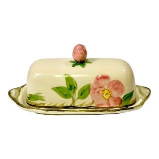Mid 20th Century Americana Boho Chic Franciscan Desert Rose Covered Butter Dish, Rose Finial For Sale