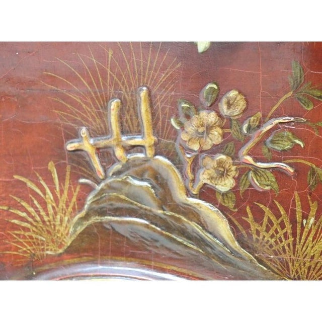 Wood Red Lacquer & Scenic Chinoiserie Decorated 3-Drawer Bombay Chest C1920 For Sale - Image 7 of 18