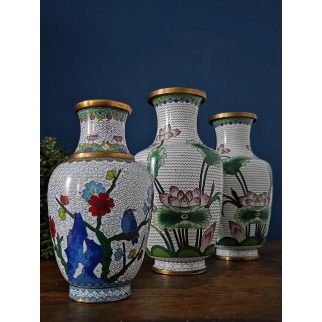 Vintage Chinese Enameled Cloisonné Vase Set For Sale - Image 4 of 18