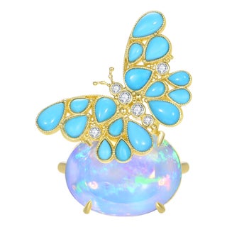 Nina Zhou 10.6ctw Turquoise Diamond Butterfly on Opal Ring (One of a Kind) For Sale