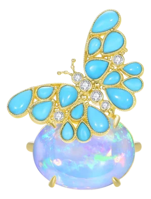 Nina Zhou One-of-a-Kind 10.6ctw Turquoise Diamond Butterfly on Opal Ring in 14k Yellow Gold, Size 7