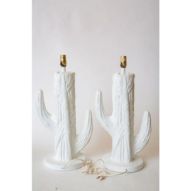 Vintage Plaster of Paris White Cactus Table Lamps Pair of Coastal For Sale - Image 9 of 10