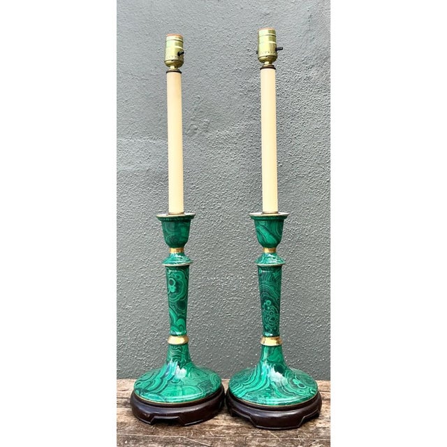 Chinoiserie Vintage Green Lacquered Candlestick Table Lamps - Pair For Sale - Image 3 of 12