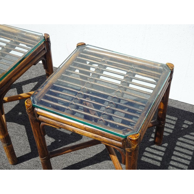 1970s Pair of Vintage McGuire Brown Bamboo Rattan End Tables ~ Side Table For Sale - Image 5 of 17