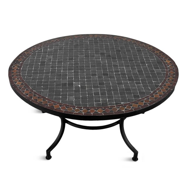 Gorgeous hand crafted black and brown mosaic ceramic tile round coffee table. Removable top set on black iron base....