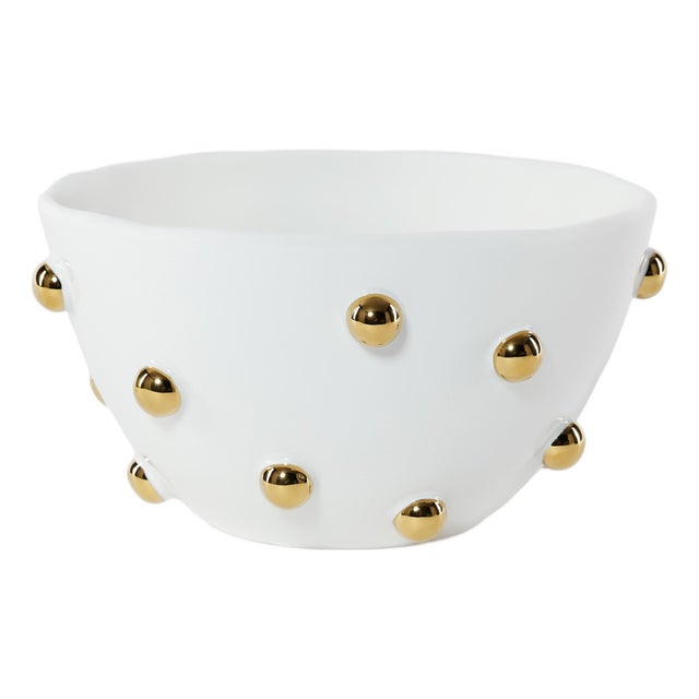 Celestial White Porcelain Bowl with Gold Beaded Accents, Large For Sale