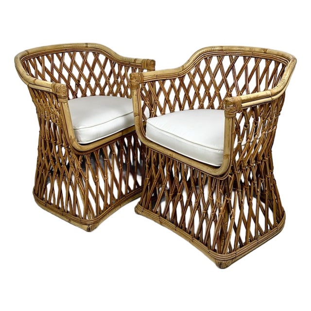 Vintage Woven Pencil Reed Rattan Accent Chairs- A Pair For Sale