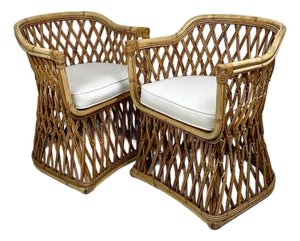 Vintage Woven Pencil Reed Rattan Accent Chairs- A Pair