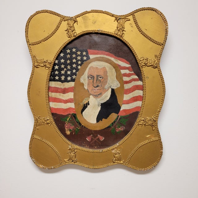 Antique American Folk Art Oil Painting of George Washington Portrait With Flag For Sale - Image 4 of 6