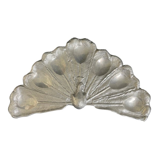 Mid Century Bruce Fox Aluminum Peacock Figural Egg Serving Platter For Sale