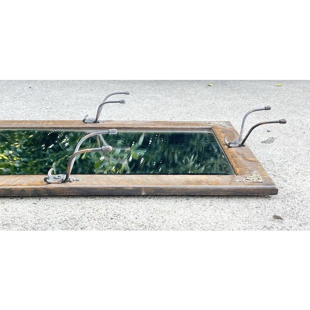 1910s Antique Tiger Oak Wooden Rectangle Beveled Wall Mirror & Hat Hooks For Sale In Dallas - Image 6 of 7