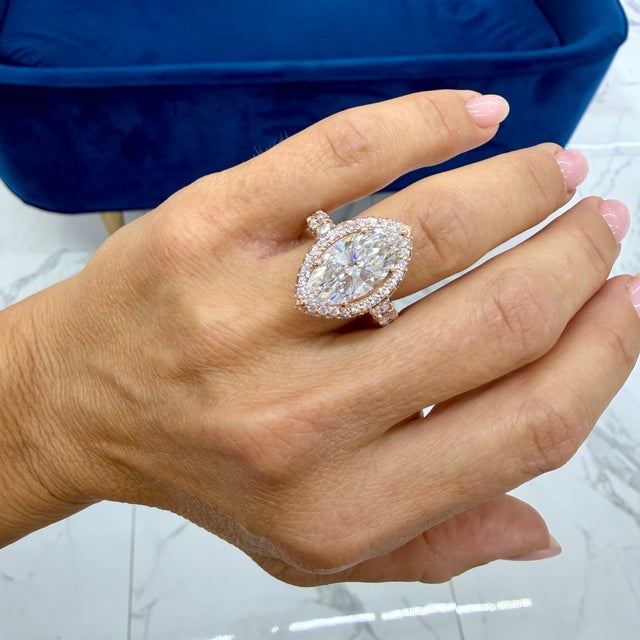 Rose 18k Rose Gold Igi 8.85ctw Marquee Lab Grown Diamond Eternity Engagement Ring, Size 6 For Sale - Image 8 of 8