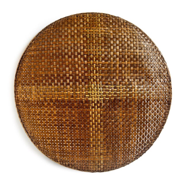 Boho Chic Vintage Bamboo Woven Round Basket Tray XL For Sale - Image 3 of 8