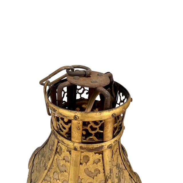 Pair, Meiji Period Japanese Gilt Bronze & Parchment Pierced Lanterns Hang or Table For Sale - Image 9 of 12