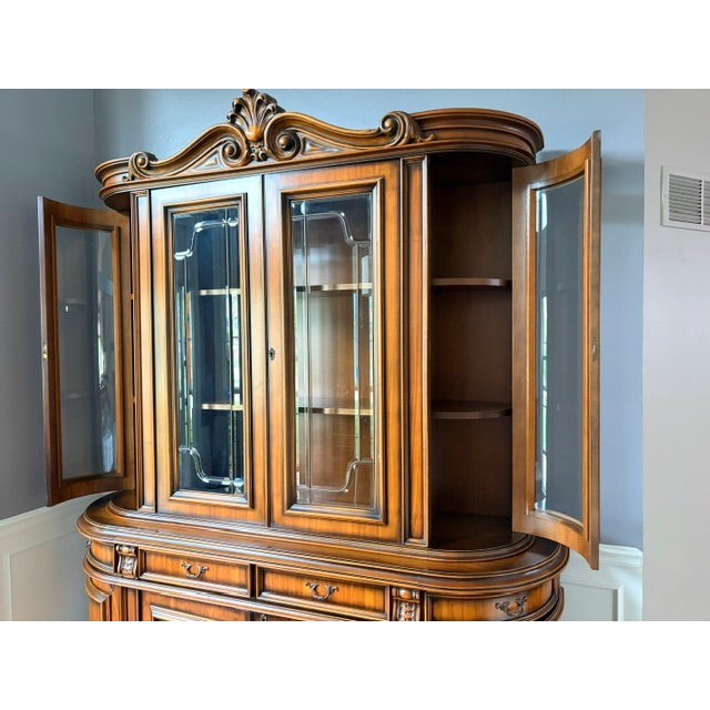 Brown Vintage Italian Provincial Baroque Style Floral Marquetry Curved Glass China Cabinet For Sale - Image 8 of 12