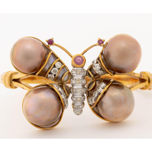 Contemporary 18k Rose Gold, Diamond, Ruby, and Pearl Butterfly-Form Bangle For Sale - Image 3 of 8