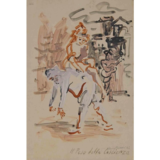 Mino Maccari, The Weight on the Conscience, Original Tempera, 1942 For Sale