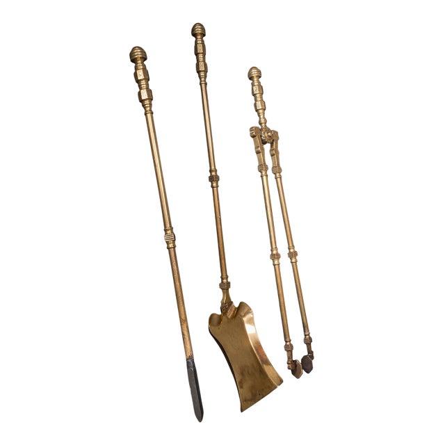 Antique Fire Tool Set, English, Brass, Shovel, Tongs, Poker, Victorian, c.1870 For Sale